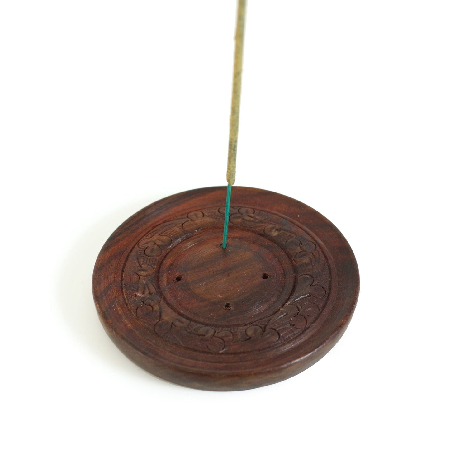 Wooden Incense Stick Holder – Hand Carved Round Plate (4")