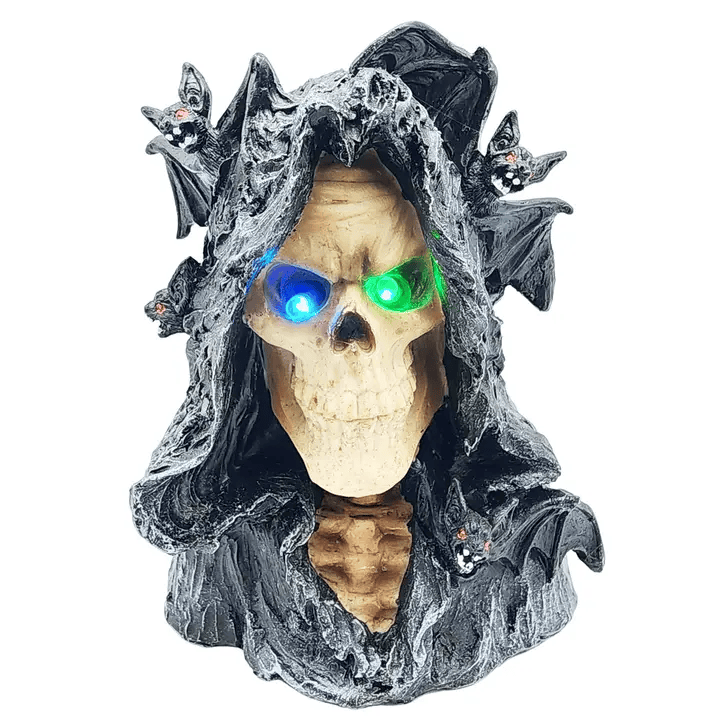 Grim Reaper & Bats with LED Eyes - Gothic Skull Statue & Spooky Decor