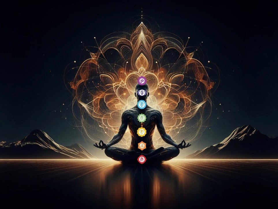Meditating figure with seven chakras and energy aura