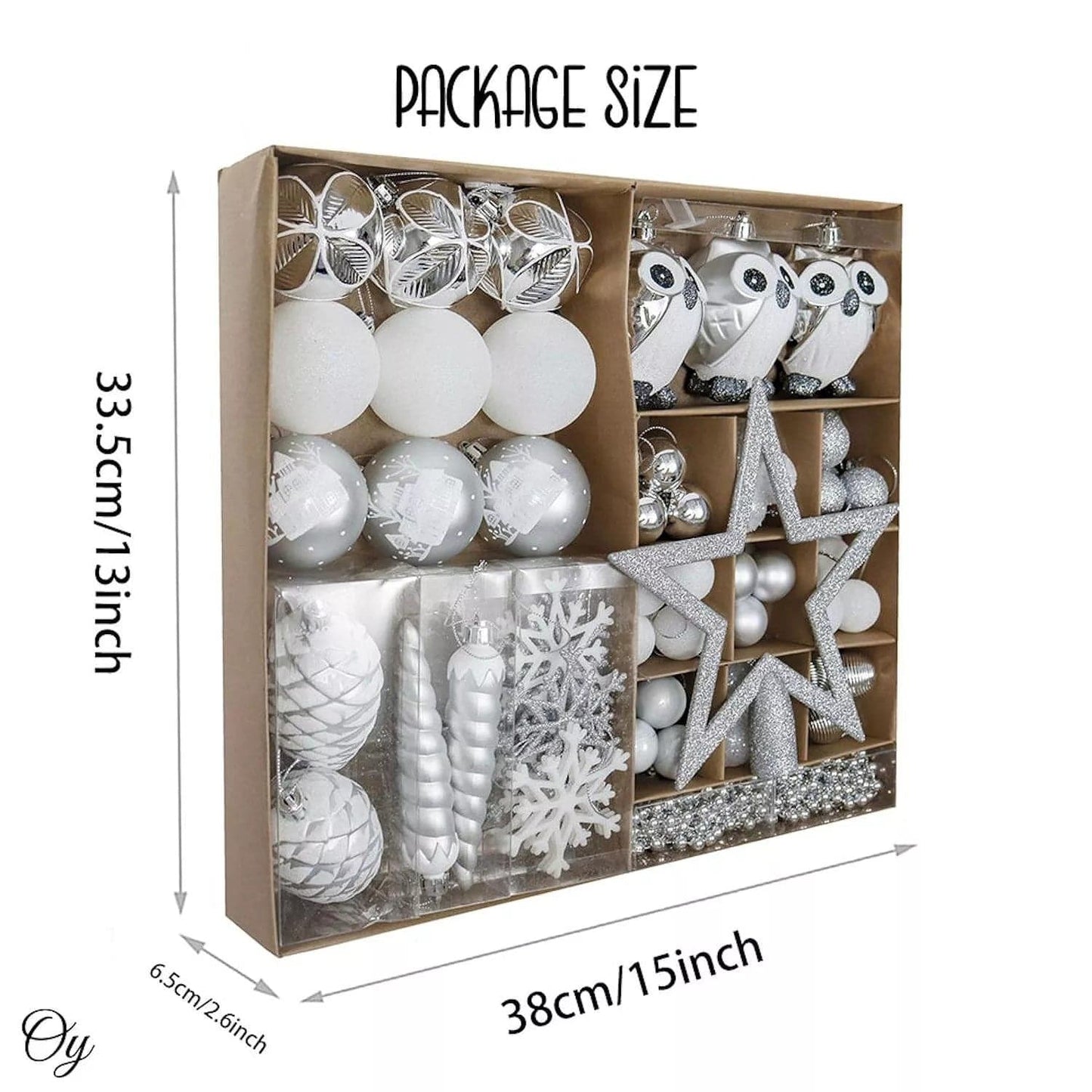 90-Piece, White & Silver, Ornament Set, Snow Owls, Snowflakes, Cones