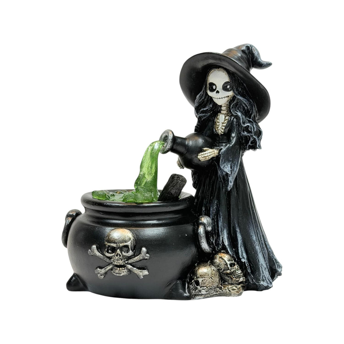 Greenfire Witch Figurine – Skeleton Witch with Green Potion Cauldron