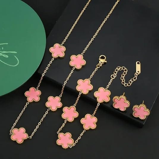 Pink Clover Jewelry Set | Gold Plated Stainless Steel