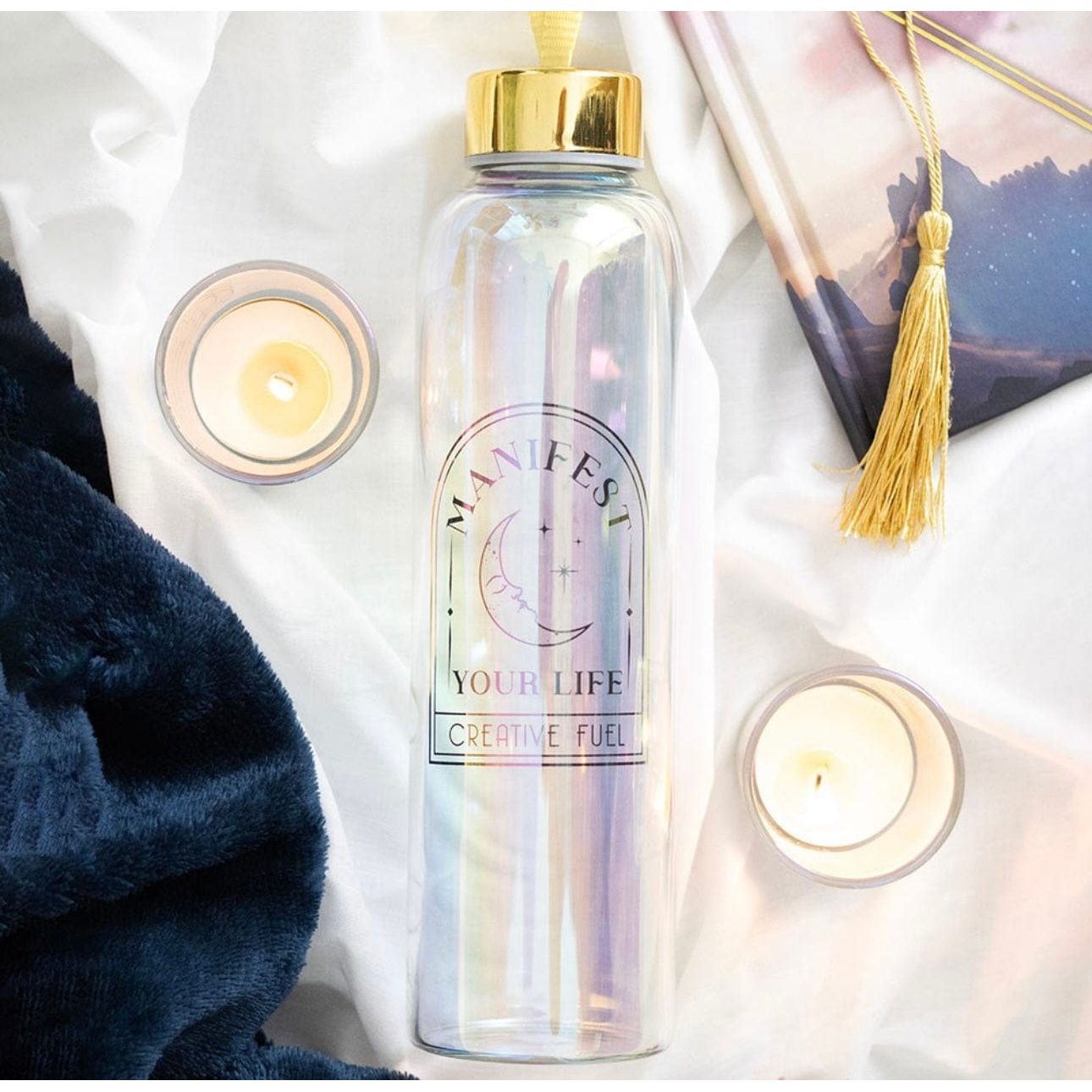 Manifest Your Life Iridescent Glass Water Bottle - Spiritual Crystal Elixir Tumbler - Authentic Occult and Witchcraft Supply Image