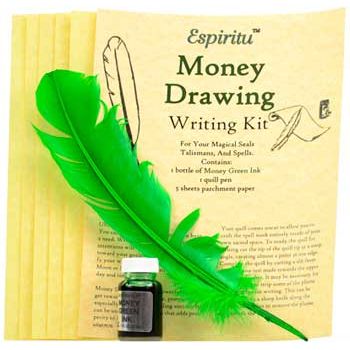 Money Drawing Writing Kit | Parchment, Quill Pen & Green Ritual Ink