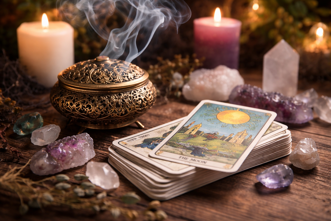 tarot deck cleansing with incense smoke crystals and candles