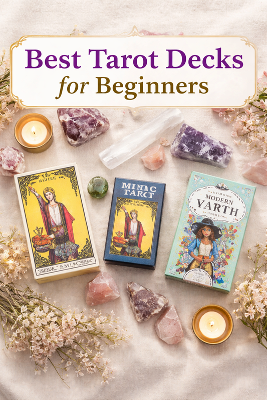 Tarot decks for beginners including rider waite and mini tarot deck with crystals and candles