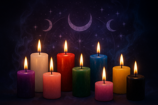 A flat lay photo of nine different colored pillar candles used for ritual and meditation