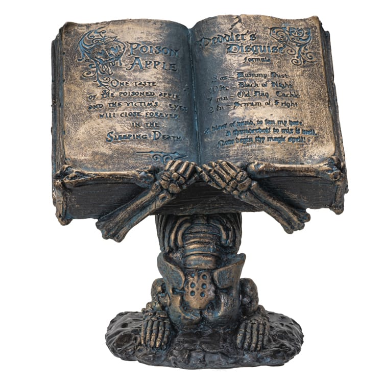 Skeleton Spell Book Figurine – Gothic Skull & Open Grimoire Decor