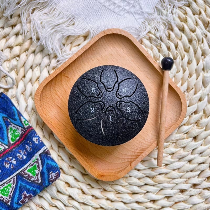Black 3-Inch Steel Tongue Drum – 6 Note Mini Meditation Drum with Mallet | Sound Healing, Yoga & Stress Relief Instrument