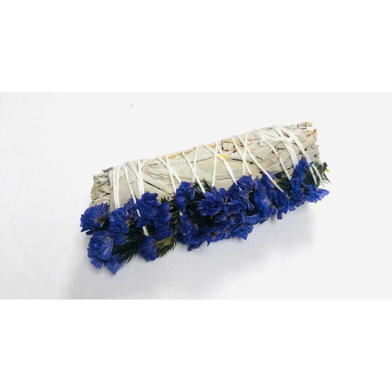 White Sage Smudge Bundle with Purple Sinuata Flowers – 4"