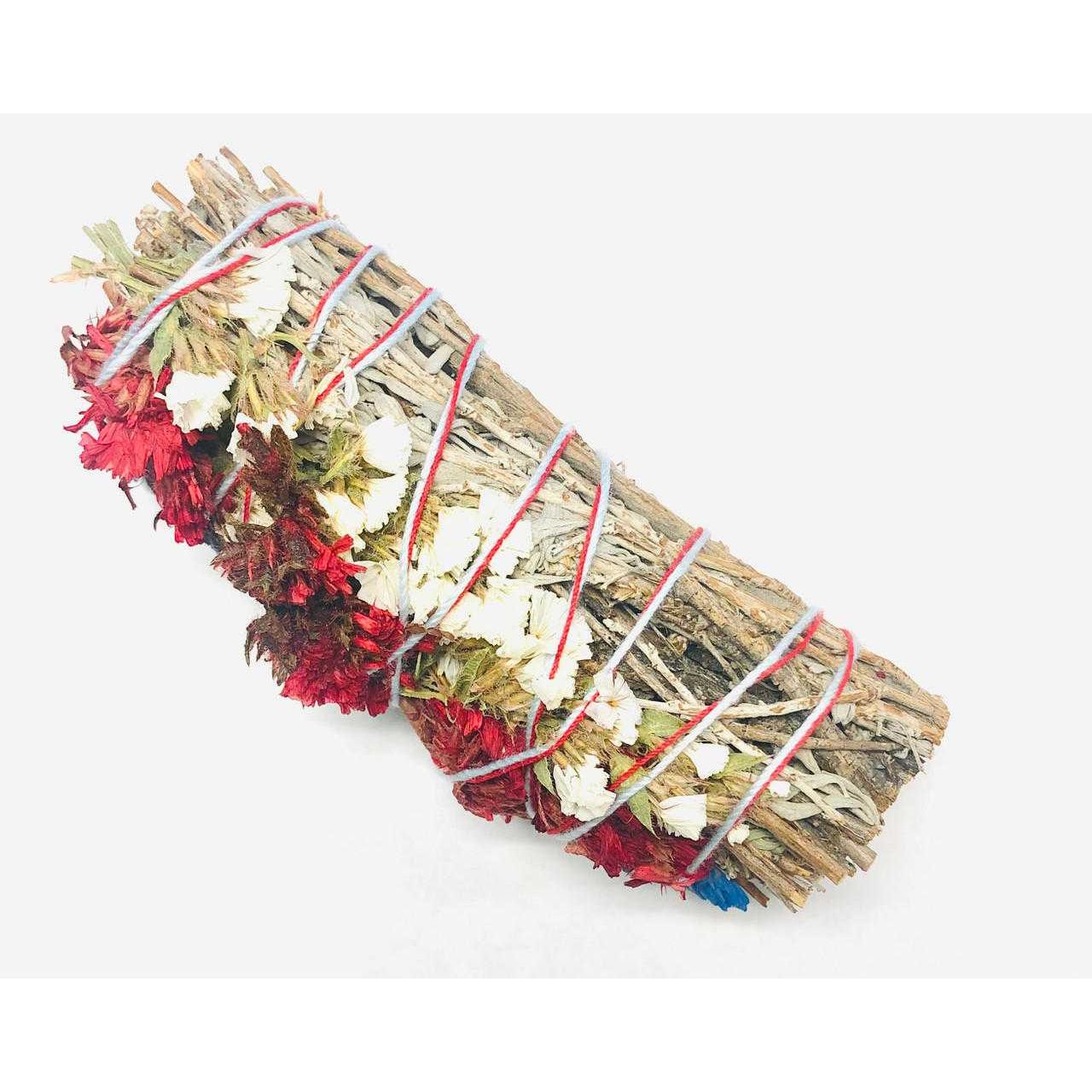 Shasta Blue Sage Smudge Bundle with Red, White & Blue Flowers – 4"