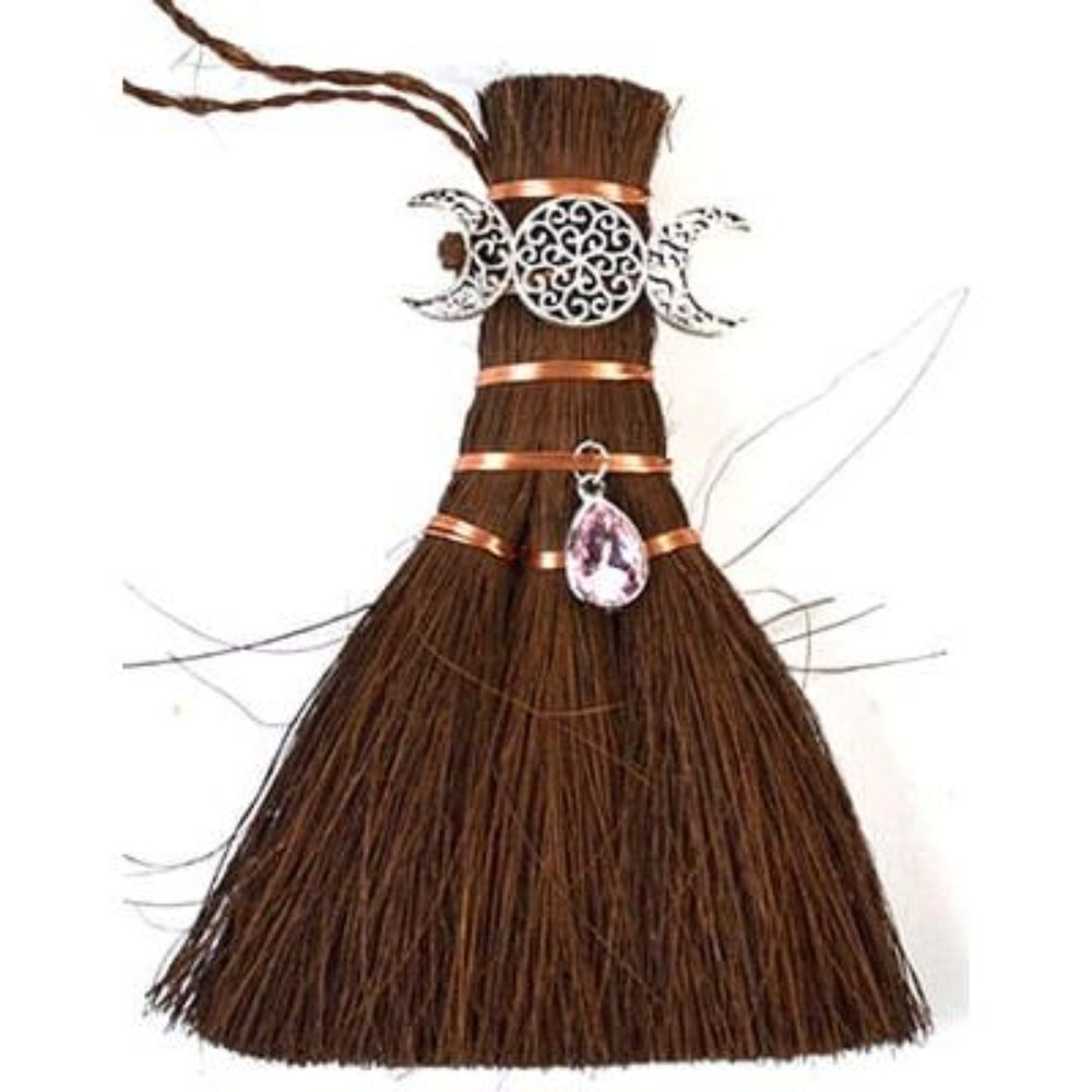 Triple Moon Altar Broom 6 Inch – Witchy Besom with Pink Crystal-Style Charm