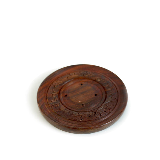 Wooden Incense Stick Holder – Hand Carved Round Plate (4")