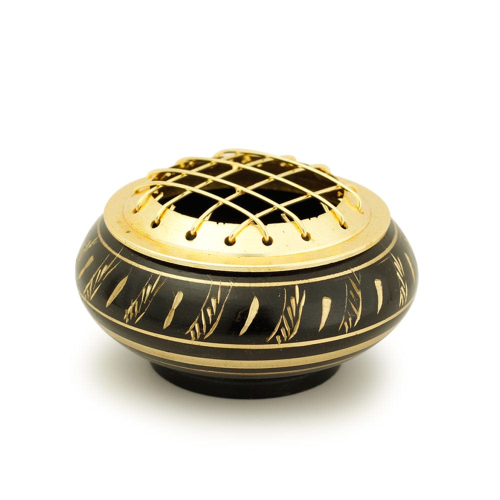 Mini Black Brass Incense Burner – Feather Engraving with Net Top (1.25")