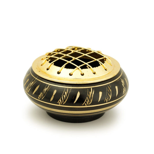 Mini Black Brass Incense Burner – Feather Engraving with Net Top (1.25")