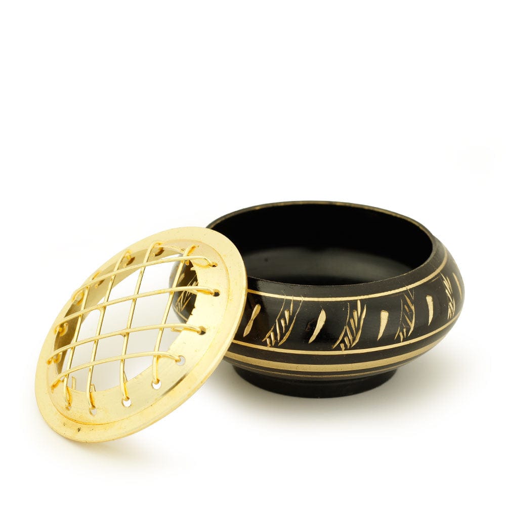 Mini Black Brass Incense Burner – Feather Engraving with Net Top (1.25")