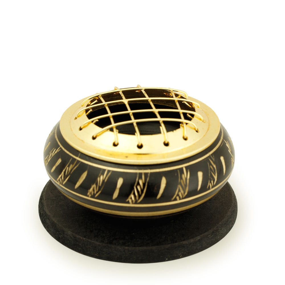 Mini Black Brass Incense Burner – Feather Engraving with Net Top (1.25")
