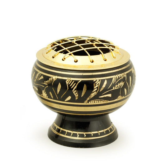 Mini Black Brass Incense Burner – Fern Engraving with Net Top (2") Medium Base