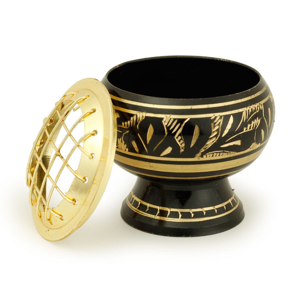 Black Brass Incense Burner – Fern Engraving with Net Top (2")