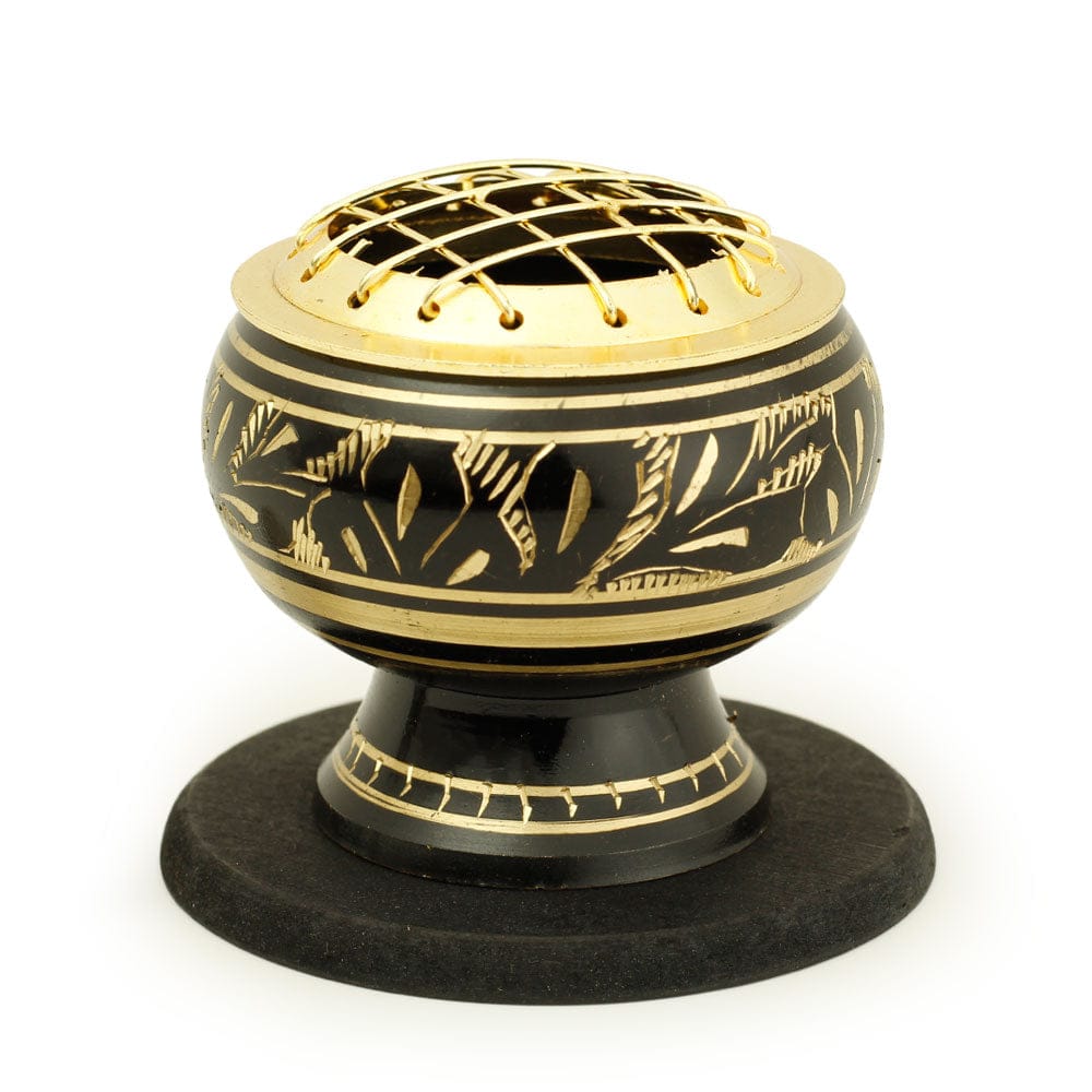 Black Brass Incense Burner – Fern Engraving with Net Top (2")
