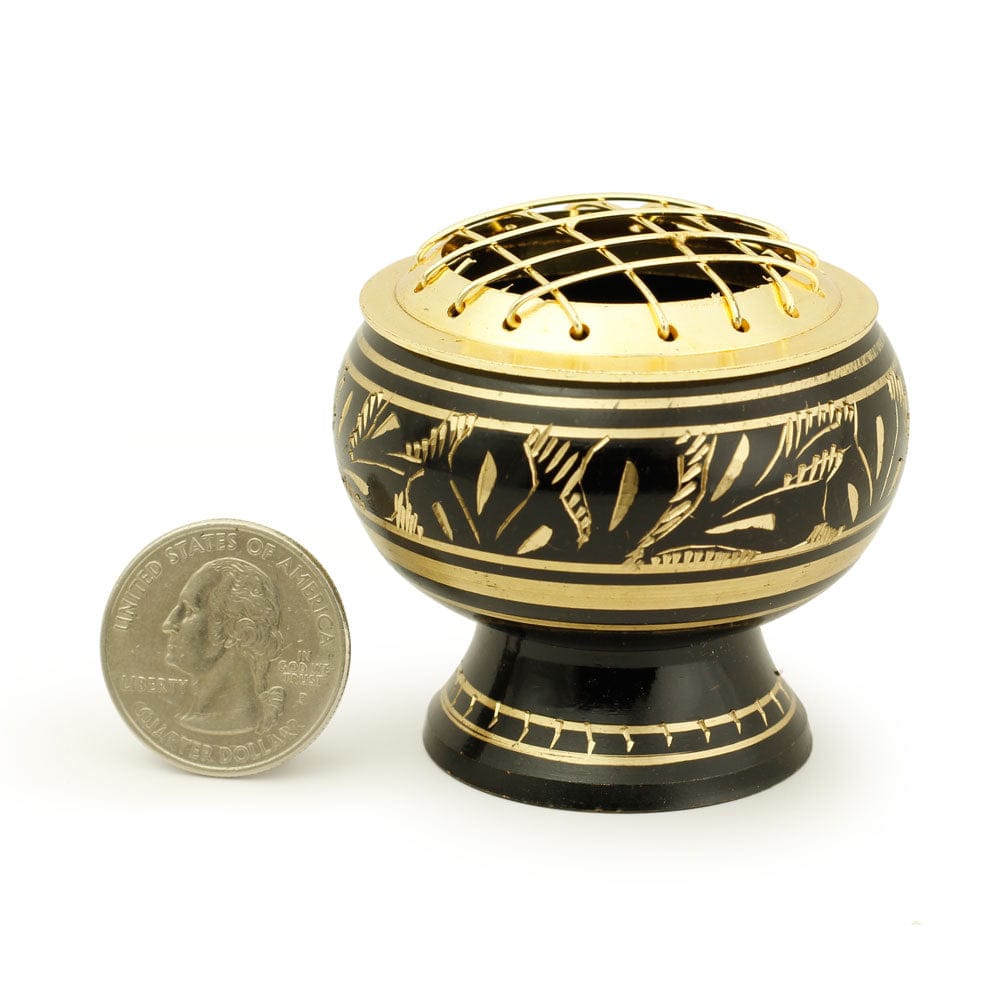 Black Brass Incense Burner – Fern Engraving with Net Top (2")