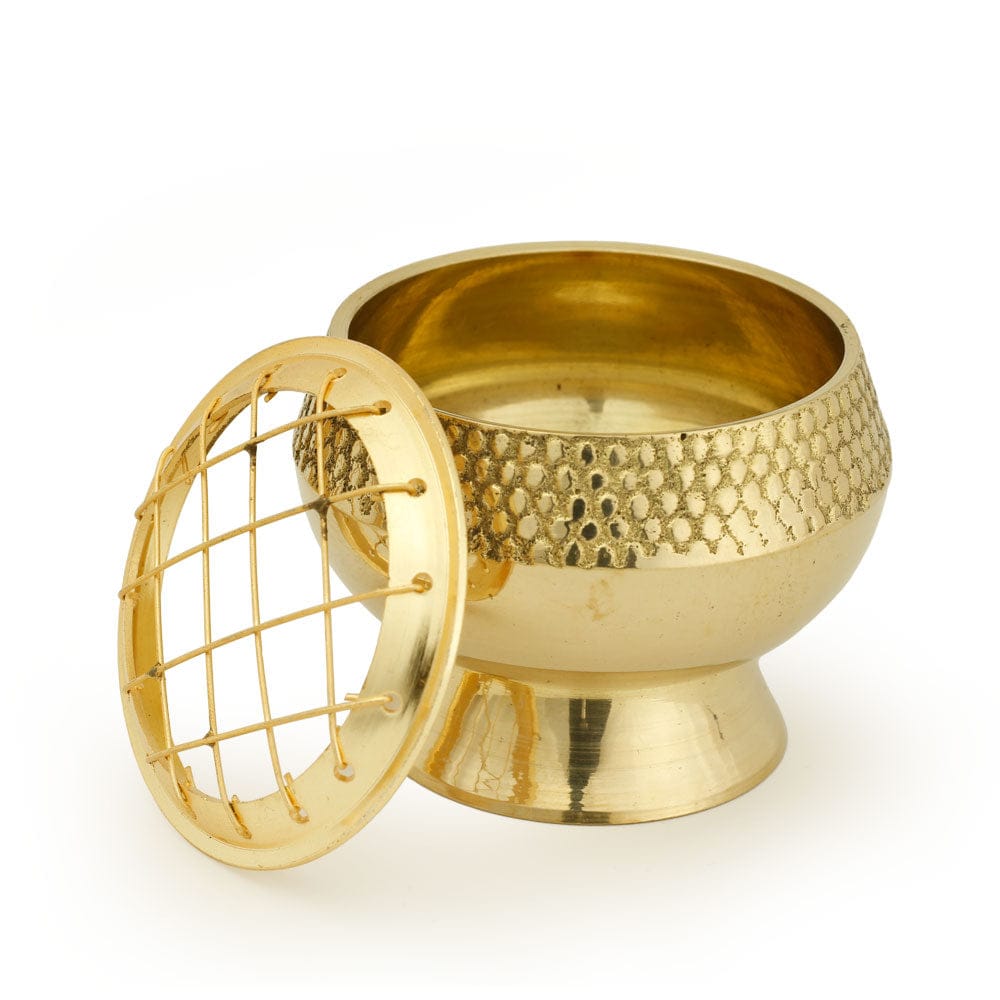 Embossed Brass Incense Burner – Medium Base with Net Top (2.25")