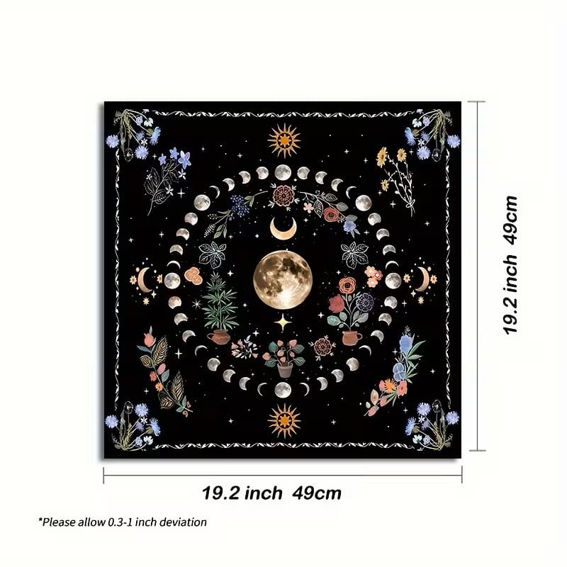 Moon Phase Floral Altar Cloth – Celestial Tarot Reading Cloth, Crystal Grid & Witchcraft Decor
