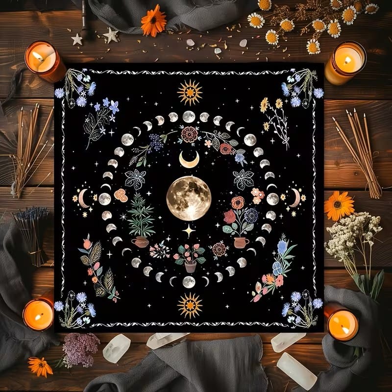 Moon Phase Floral Altar Cloth – Celestial Tarot Reading Cloth, Crystal Grid & Witchcraft Decor