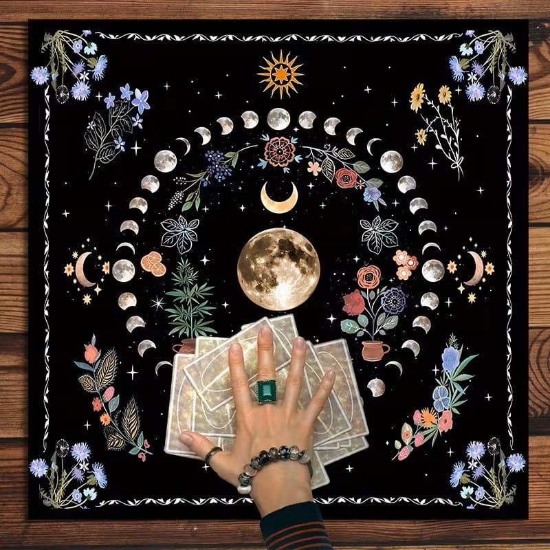 Moon Phase Floral Altar Cloth – Celestial Tarot Reading Cloth, Crystal Grid & Witchcraft Decor