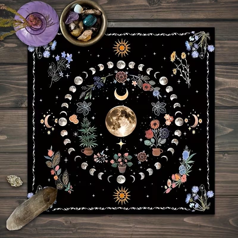 Moon Phase Floral Altar Cloth – Celestial Tarot Reading Cloth, Crystal Grid & Witchcraft Decor