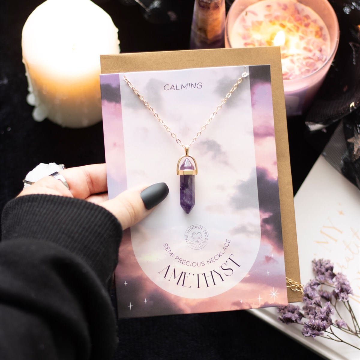 Amethyst Crystal Necklace Greeting Card – Spiritual Gift & Greeting Card