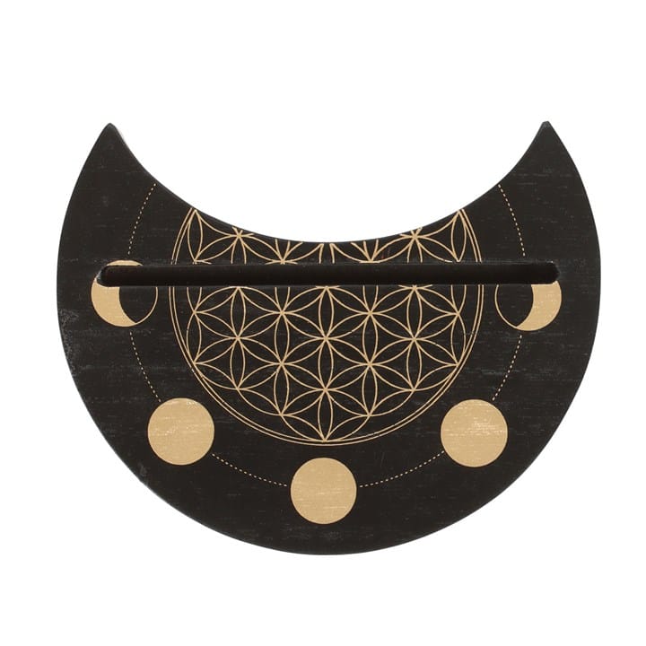 Flower of Life Tarot Card Stand | Crescent Moon Wooden Card Holder