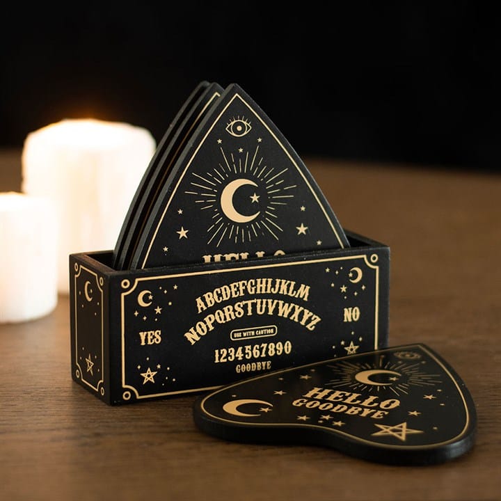 Black Talking Board Planchette Coaster Set | Set of 4 with Holder