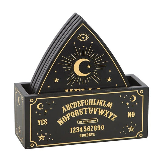 Black Talking Board Planchette Coaster Set | Set of 4 with Holder