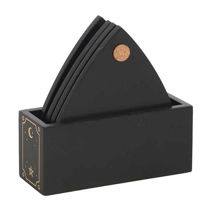 Black Talking Board Planchette Coaster Set | Set of 4 with Holder