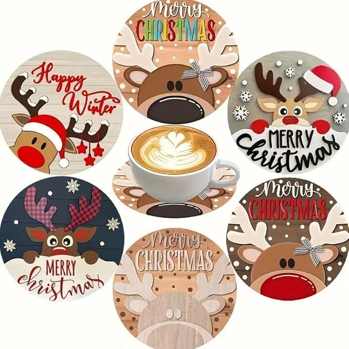 Set of 6 Wooden Christmas Coasters | Heat Resistant