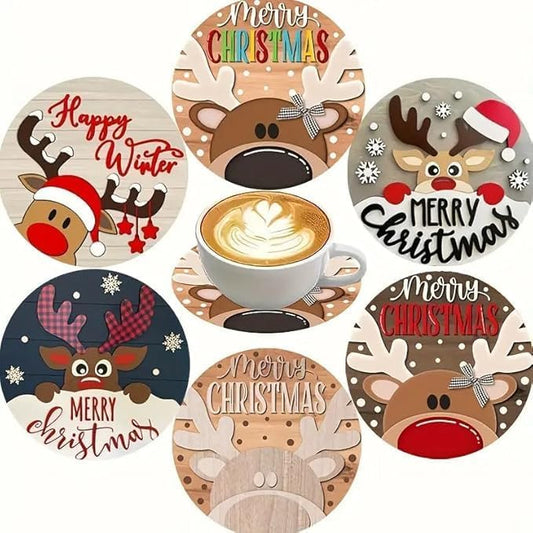 Set of 6 Wooden Christmas Coasters | Heat Resistant