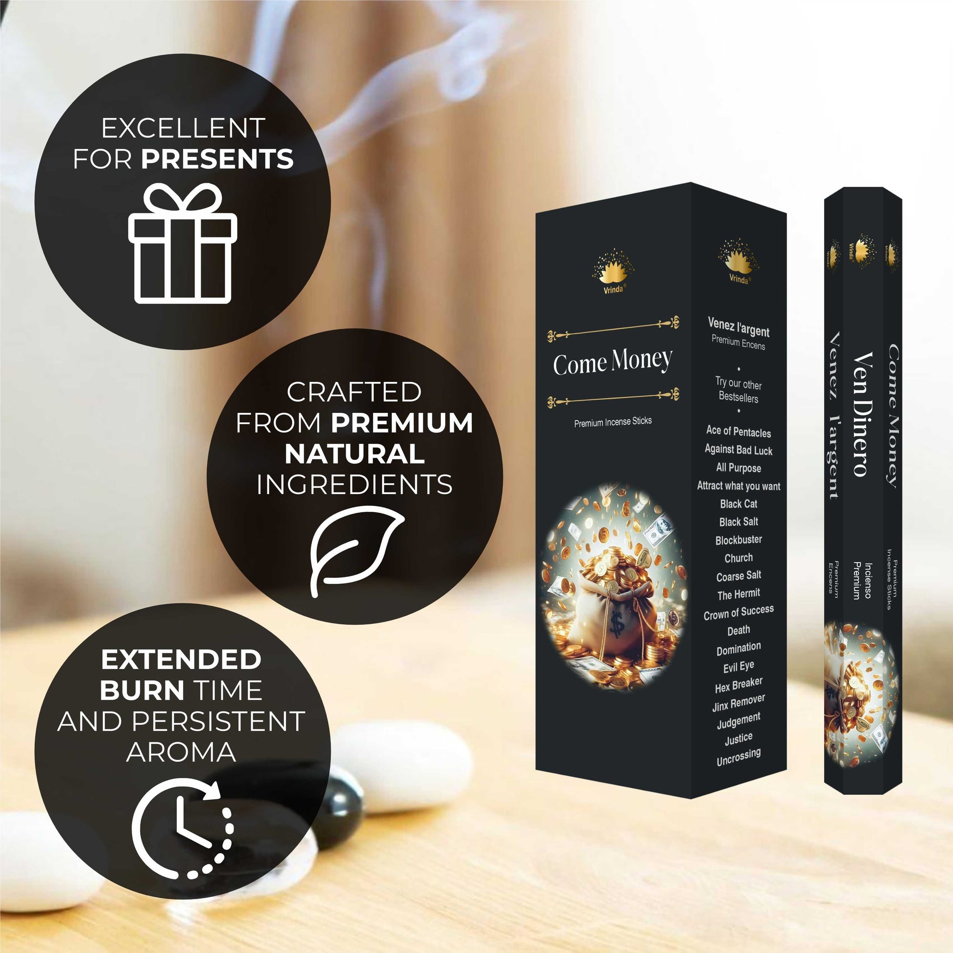 Come Money hexa incense sticks (pack of 6) - Authentic Occult and Witchcraft Supply Image