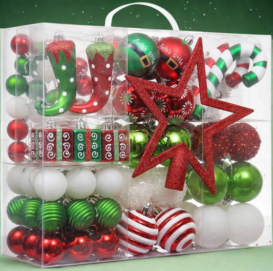 Mega 100-Piece Elf Christmas Ornament Bundle Set | Assorted Baubles in Red, Green, Candy Cane & Gift Box Designs