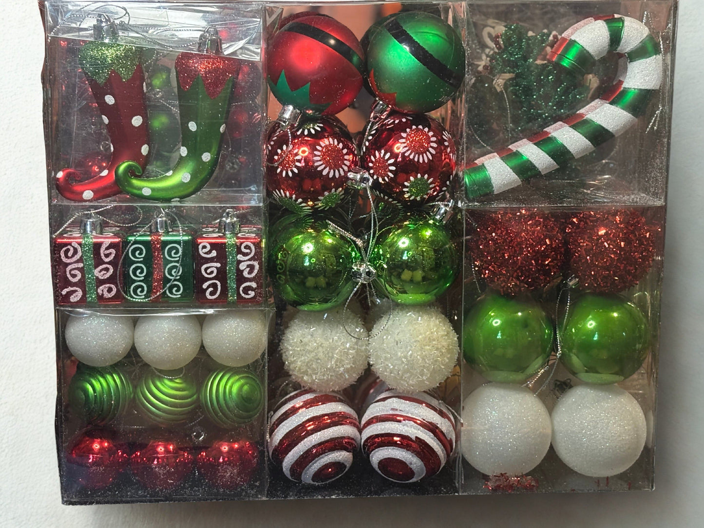 Mega 100-Piece Elf Christmas Ornament Bundle Set | Assorted Baubles in Red, Green, Candy Cane & Gift Box Designs