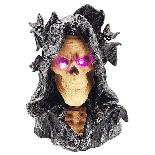 Grim Reaper & Bats with LED Eyes - Gothic Skull Statue & Spooky Decor