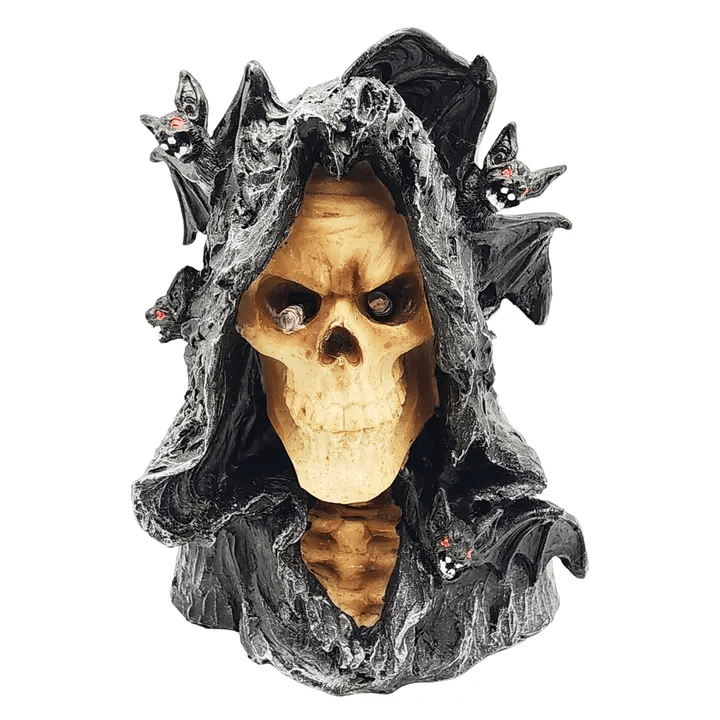 Grim Reaper & Bats with LED Eyes - Gothic Skull Statue & Spooky Decor