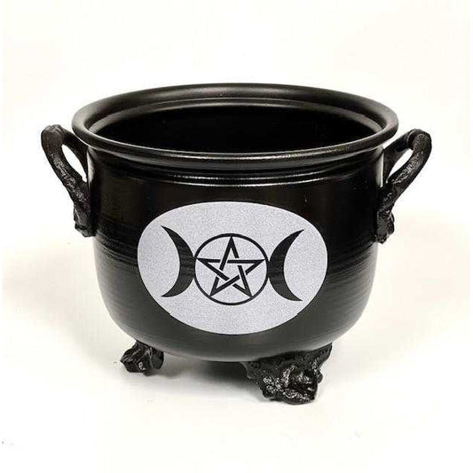 Metal Cauldron Burner Triple moon Pentacle 4.5 inch - Authentic Occult and Witchcraft Supply Image
