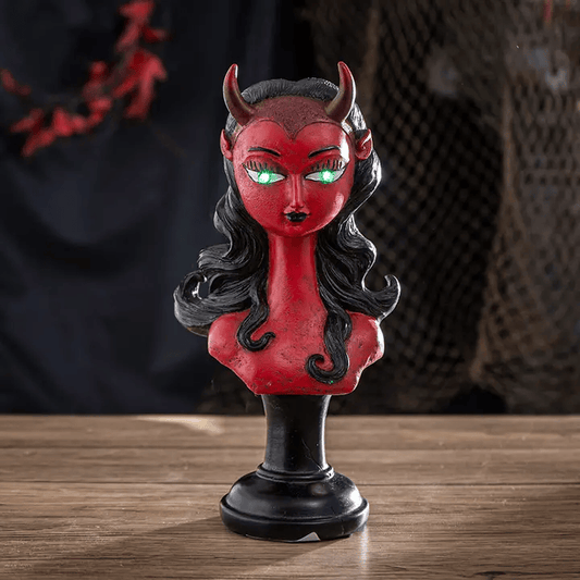 Lady Devil Bust with LED Light Gothic Red Devil Statue & Spooky Shelf Décor