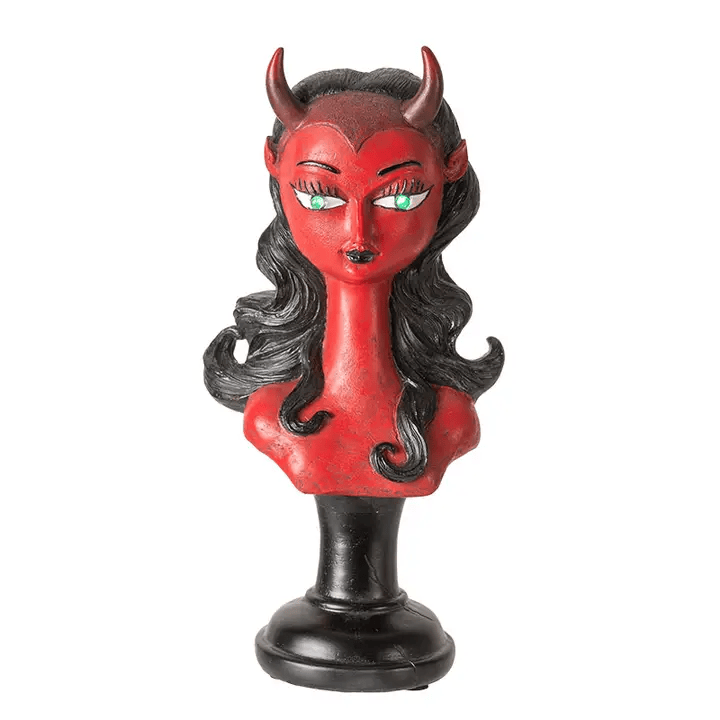Lady Devil Bust with LED Light Gothic Red Devil Statue & Spooky Shelf Décor
