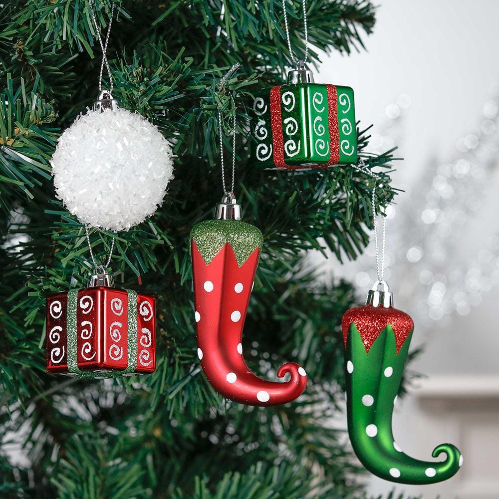 Mega 100-Piece Elf Christmas Ornament Bundle Set | Assorted Baubles in Red, Green, Candy Cane & Gift Box Designs