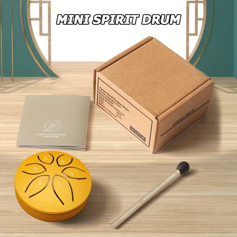 Gold Mini Spirit Drum – 3 Inch Steel Tongue Drum Set with Mallet & Song Book | 6 Note Meditation Drum for Relaxation & Beginners