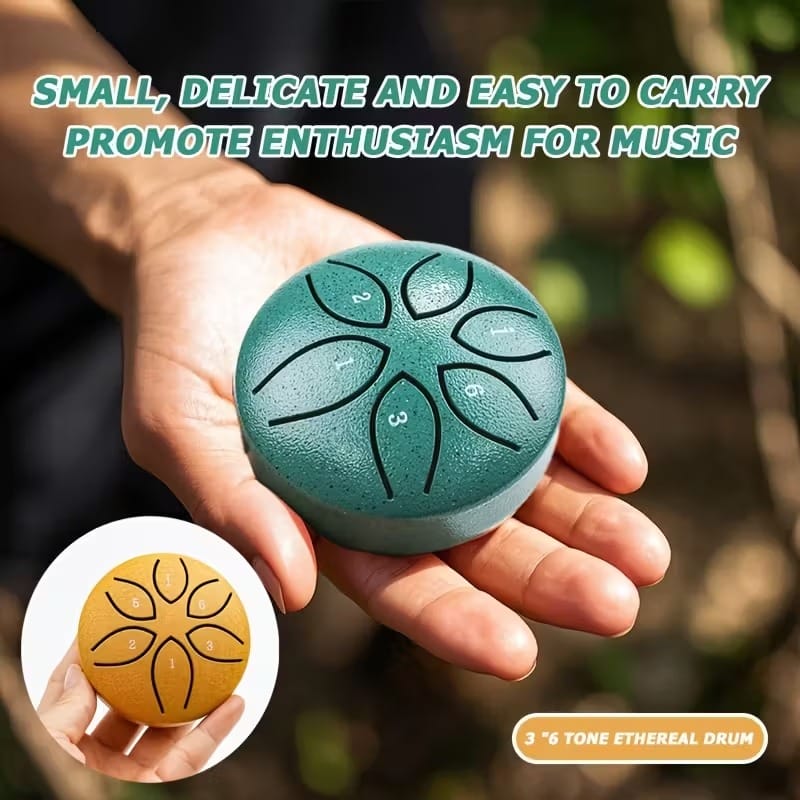 Gold Mini Spirit Drum – 3 Inch Steel Tongue Drum Set with Mallet & Song Book | 6 Note Meditation Drum for Relaxation & Beginners