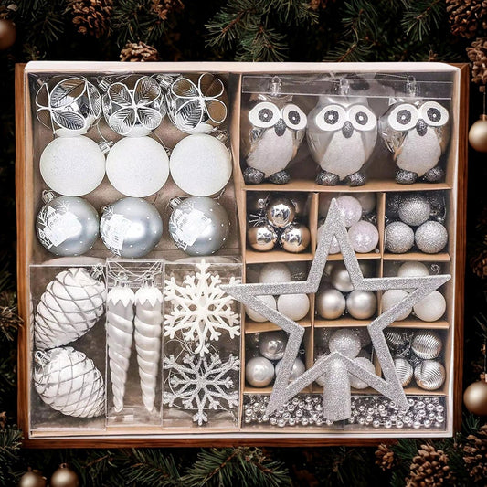 90-Piece, White & Silver, Ornament Set, Snow Owls, Snowflakes, Cones