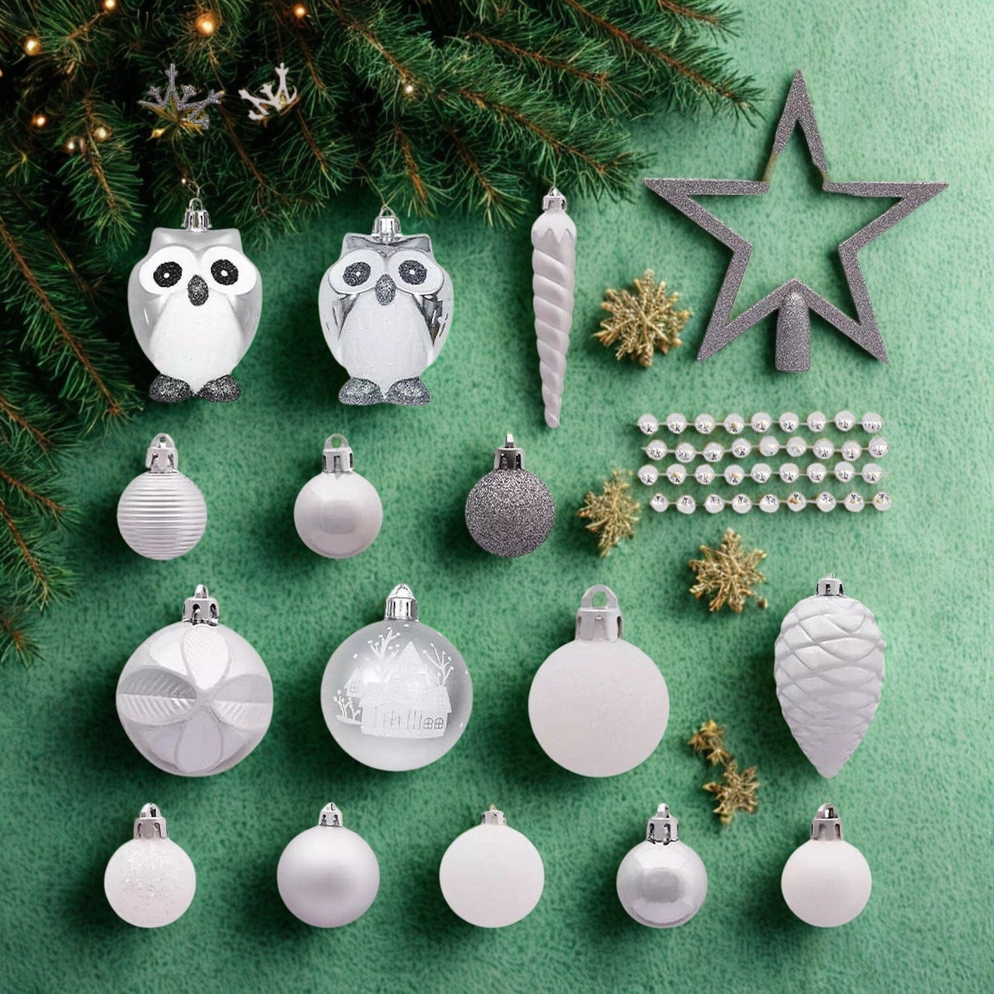 90-Piece, White & Silver, Ornament Set, Snow Owls, Snowflakes, Cones